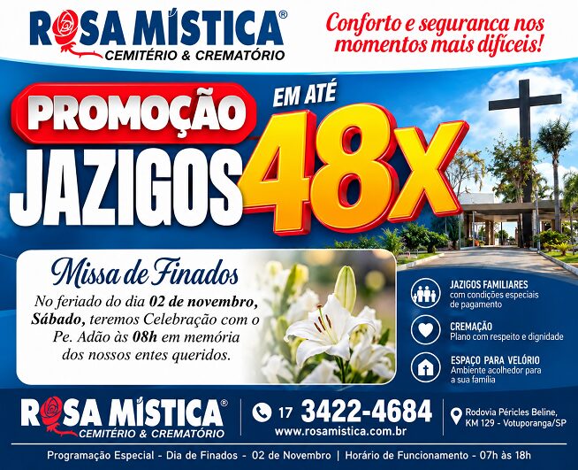 Dia de Finados terá missa e homenagens no Cemitério Rosa Mística, em Votuporanga