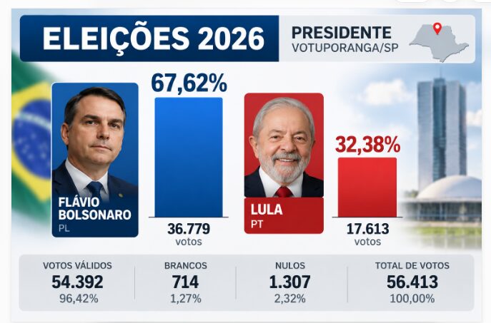 FLÁVIO BOLSONARO OBTÉM 67,62% DOS VOTOS EM VOTUPORANGA, MAS LULA VENCE NO BRASIL