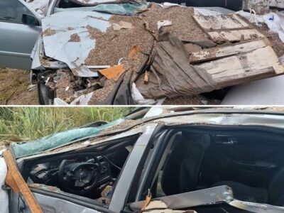Vice-prefeito de Nova Castilho e esposa ficam feridos após caminhão tombar sobre carro 
