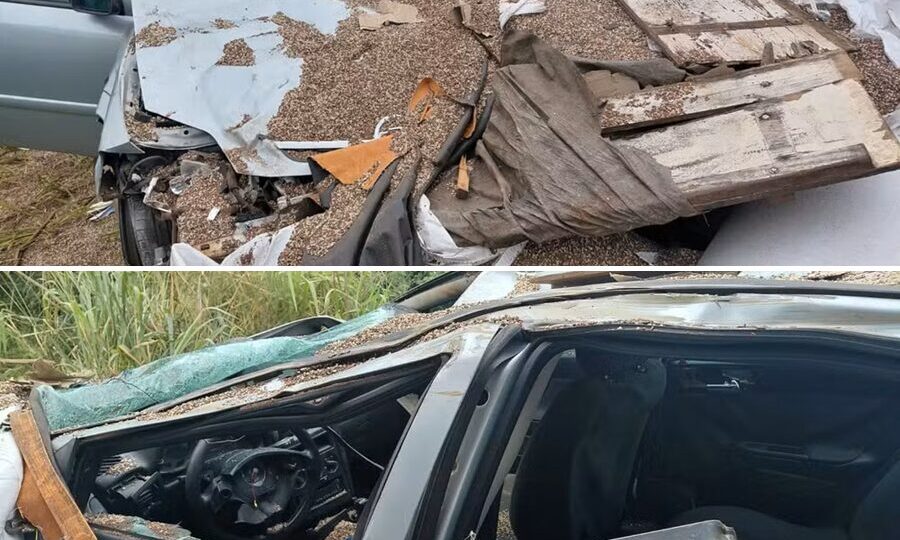 Vice-prefeito de Nova Castilho e esposa ficam feridos após caminhão tombar sobre carro 